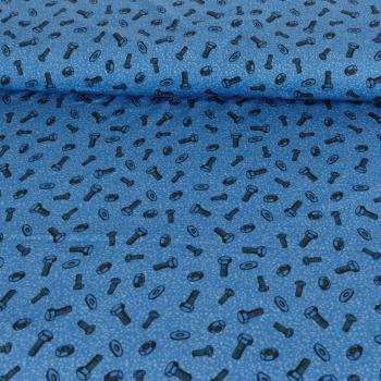 Preview: Baumwoll Jersey Happy Metal by Steinbeck Schrauben & Muttern auf Royalblau